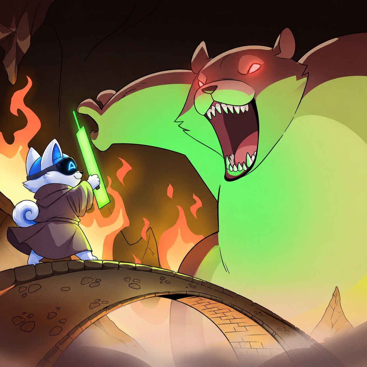 Arc Inu facing a monster with a green candle